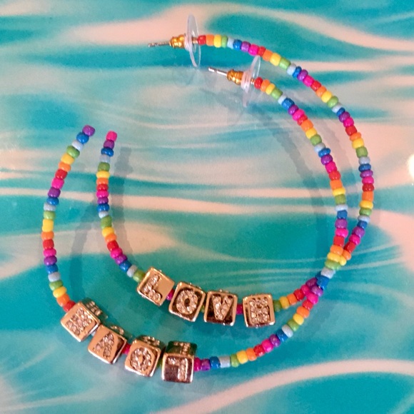 Betsey Johnson LOVE Rainbow Beaded Hoop Earrings - Picture 15 of 16